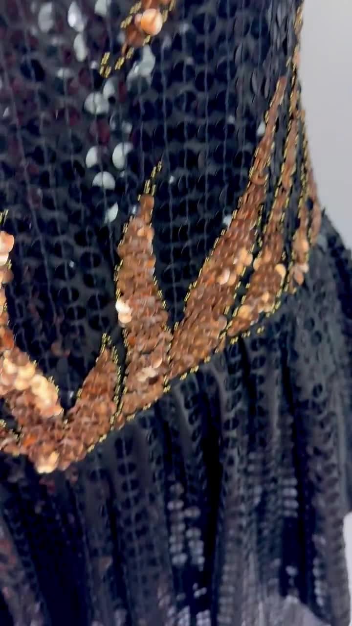 Size M//Vintage Black Sequin Dress with Gold Flame Pattern//Strappy 80's  Glam Dress