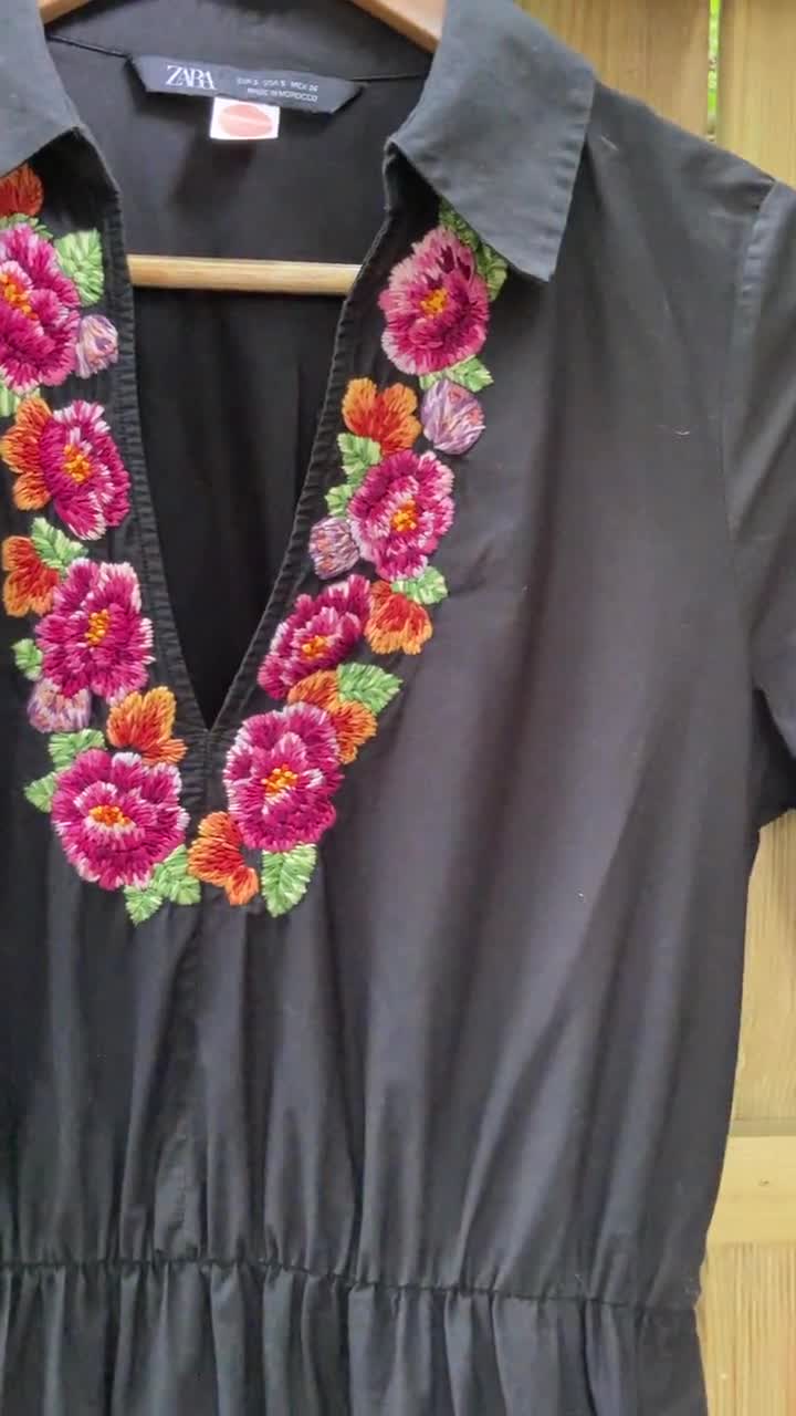 Beautiful, bright hand embroidered Zara dress | Upcycled, slow fashion midi, collared, v neck Zara dress | Original floral pattern | Small video poster