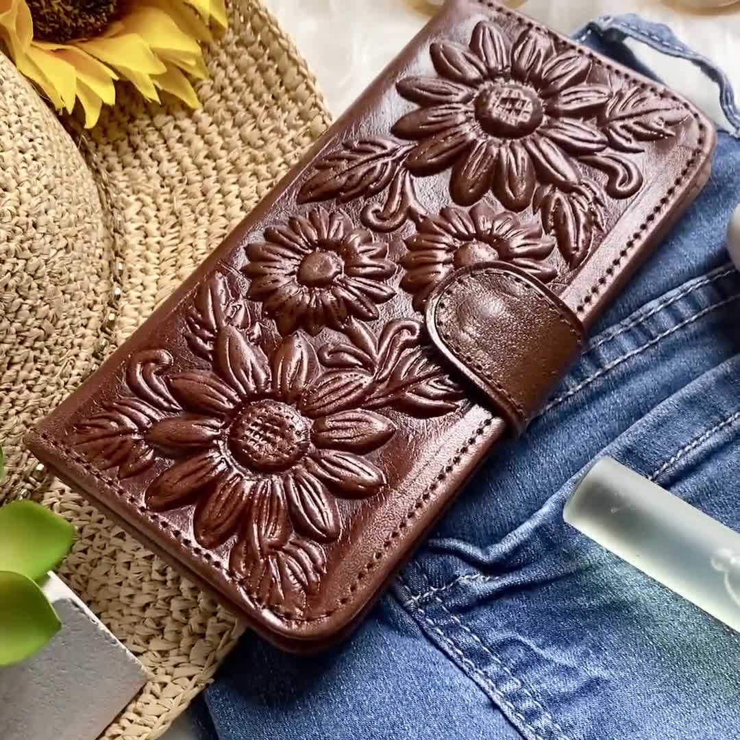 Carteras de piel de girasoles hechas a mano para mujer Regalos para ella Carteras boho cartera para mujer