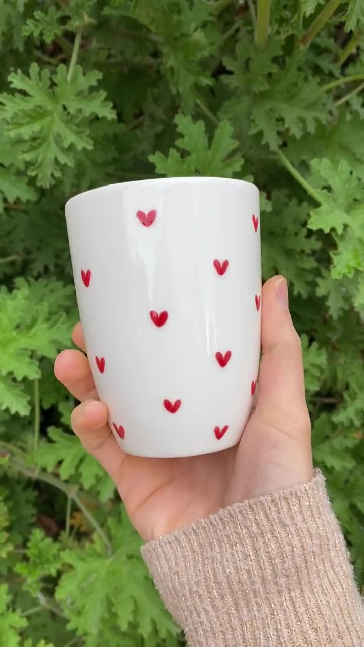 Handpainted Ceramic Coffee Mug: White Porcelain Cup With Red