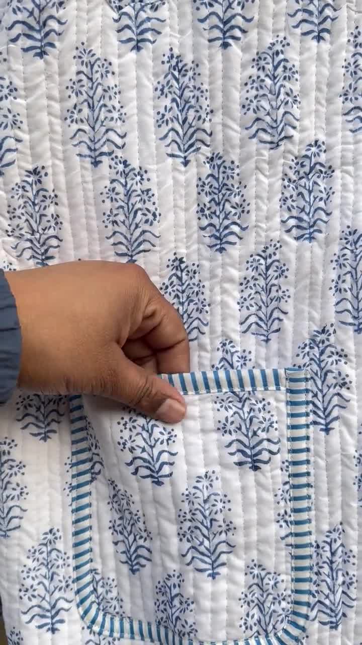 Hand Block Print Jacket, White and Blue Leaf Print Jacket