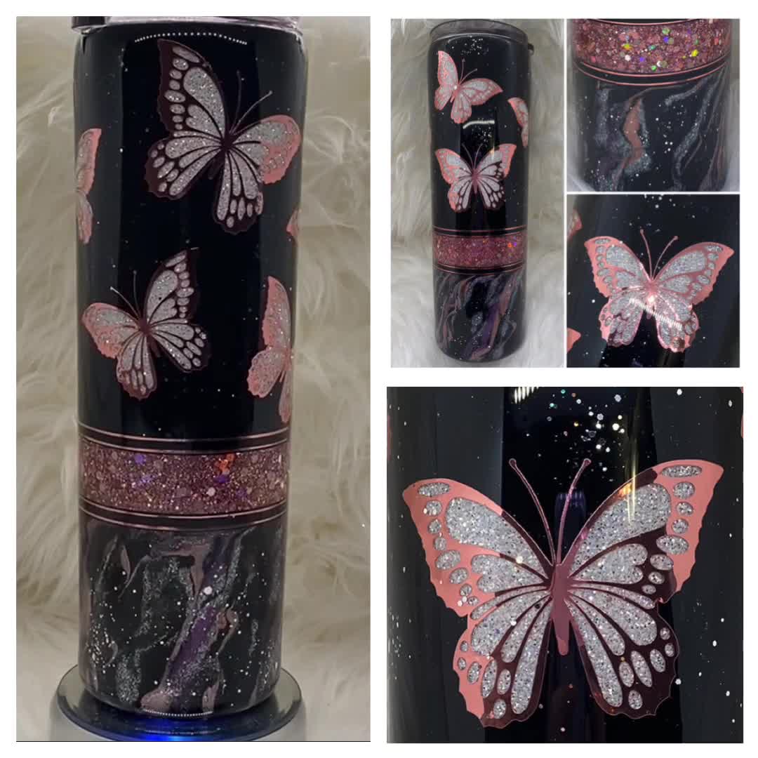 Butterfly Rose Gold Glitter Tumbler White Glitter Custom 