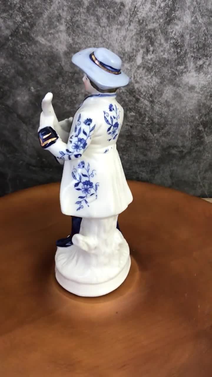 Ceramic Colonial Man Figurine Playing Mandolin Blue White