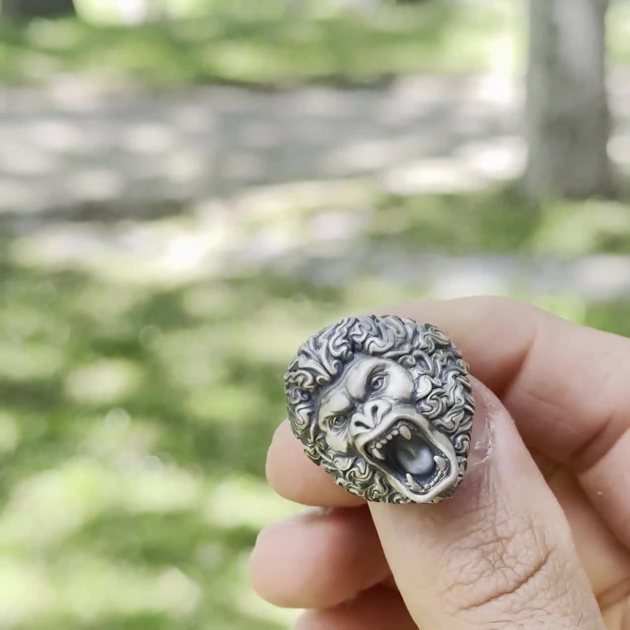 Anillo De Hombre De Mono Gorila De Plata 925, Anillo De Mono Salvaje Con Sello Boho Hecho A Mano, Anillo De Gorila Enojado De Plata De Ley, Anillo De Hombre King Kong