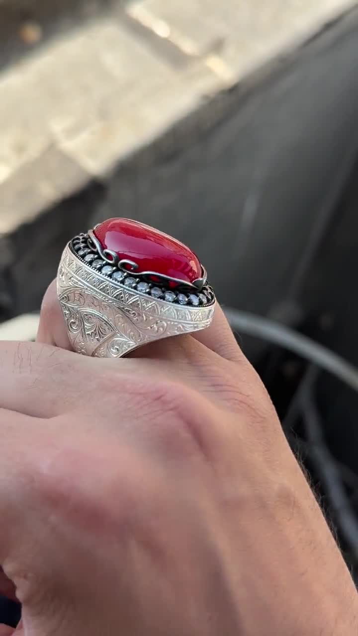 Indian Jewelry カラーストーンシルバーリング 赤 レッド Men Silver Jade Stone Ring, Large Red Jade Ring, Ottoman Style