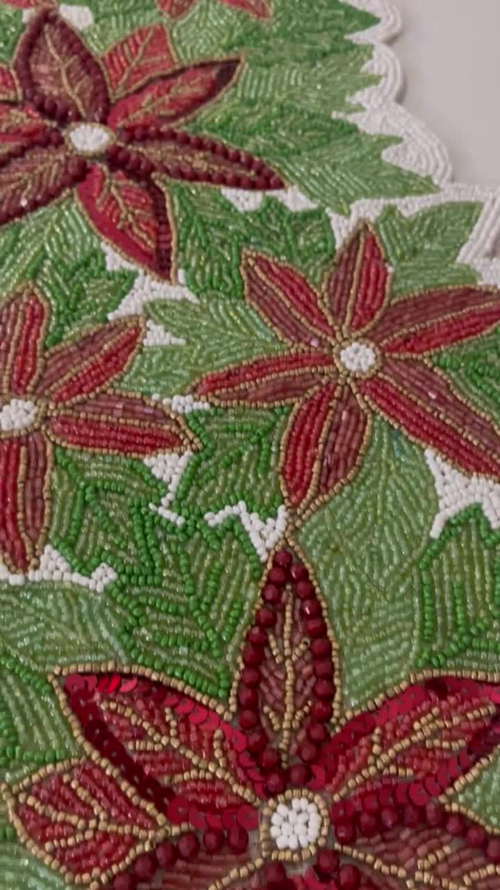 Christmas handmade table runner, red and green flower with parrot beaded table runner, Poinsettia shops runner, 13x36inch