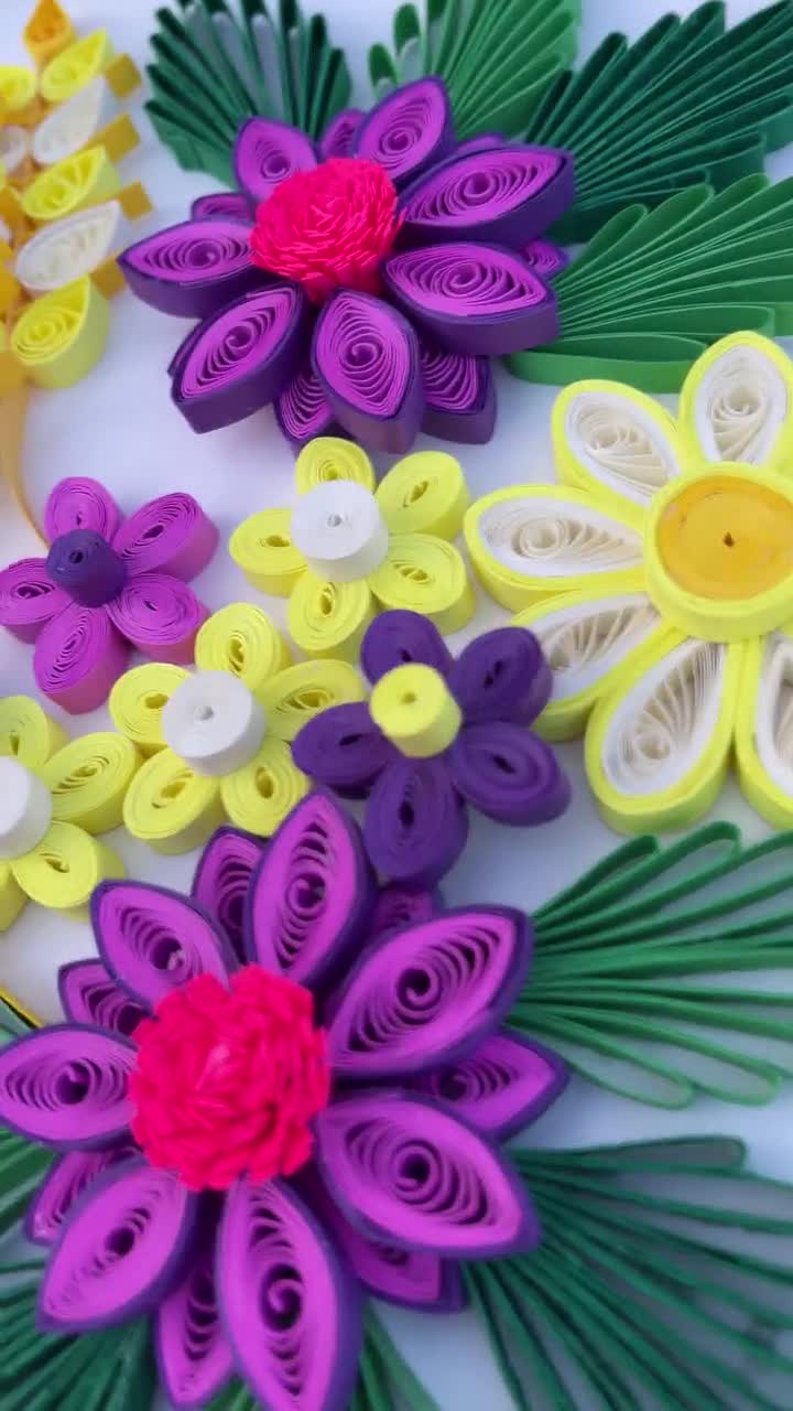 Handmade Quilling Paper Art Canvas Unframed Flowers Purple Yellow Wall  Decor 