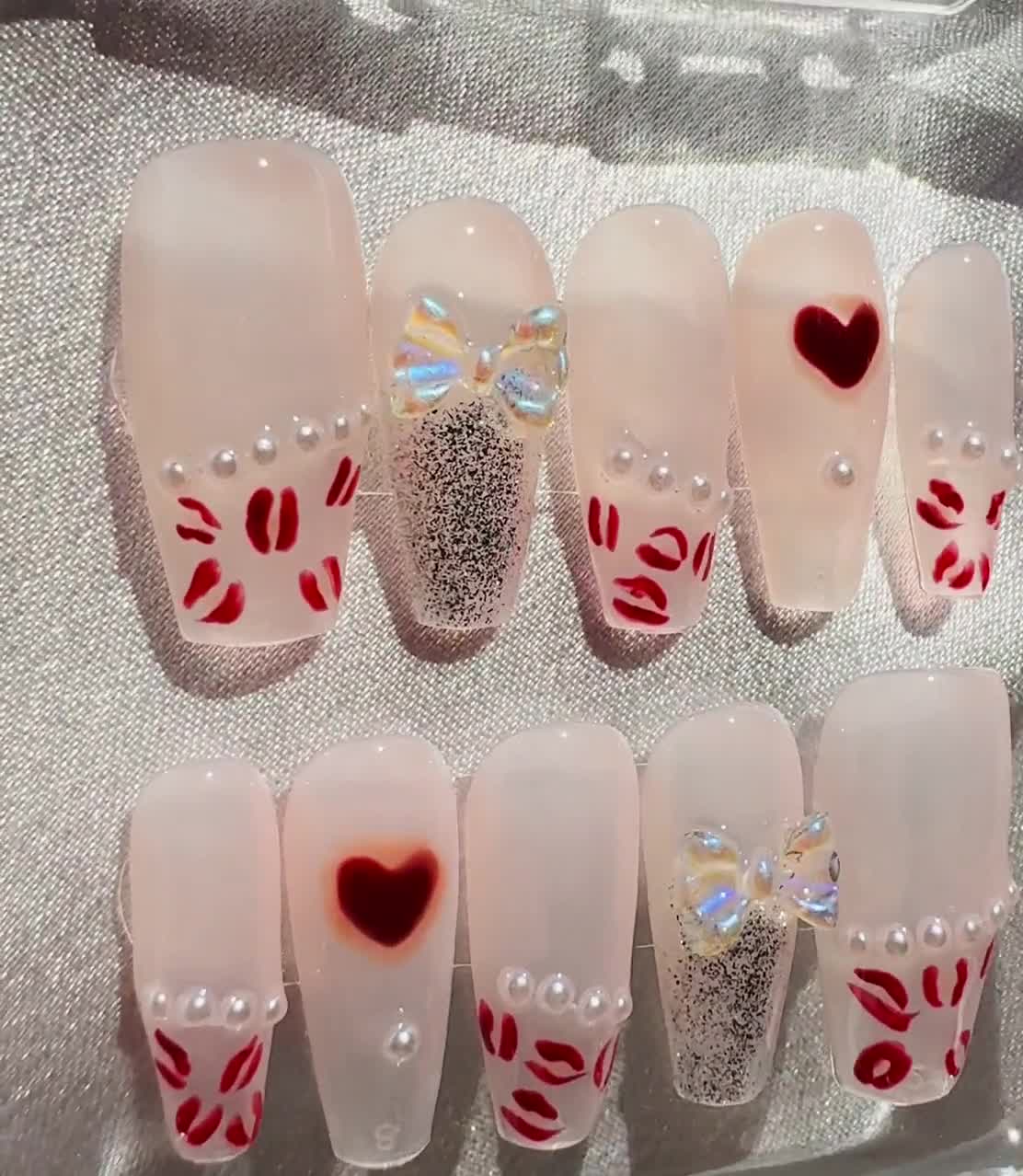 Parisian Kiss Press-On Nails: Handmade Pearl Kiss Design, Reusable video poster