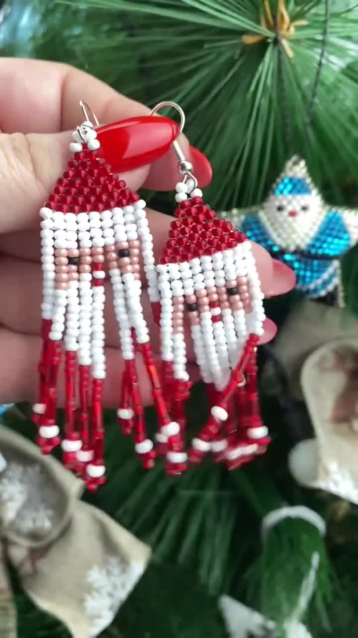 Santa Claus Earrings, Seed Bead Fringe, Christmas Earrings, Beaded Holiday  Jewelry