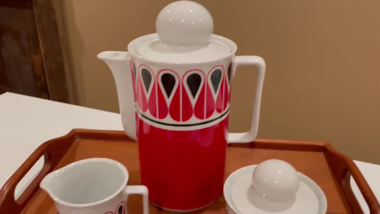 Vintage Schirnding Bavaria Luncheon Set, Danish Modern, Red Black