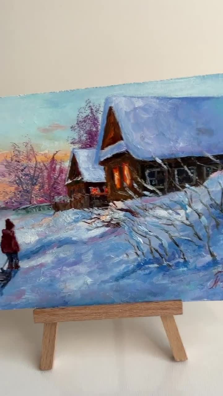 子供と冬景色 オリジナル油絵 そり ロシアの風景 印象派の風景 雪の絵