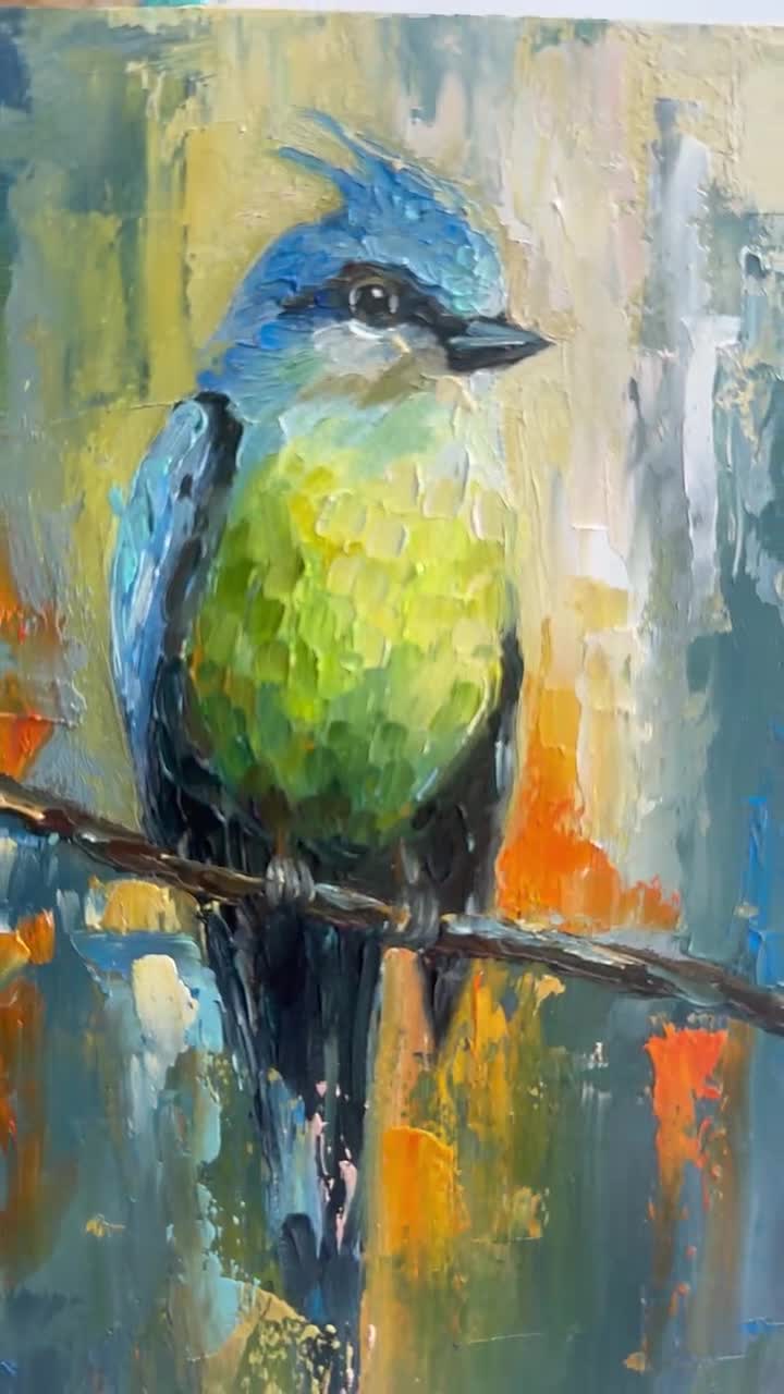 Blue Jay Oil Painting: Semi Abstract Bird Art, Palette Knife Decor