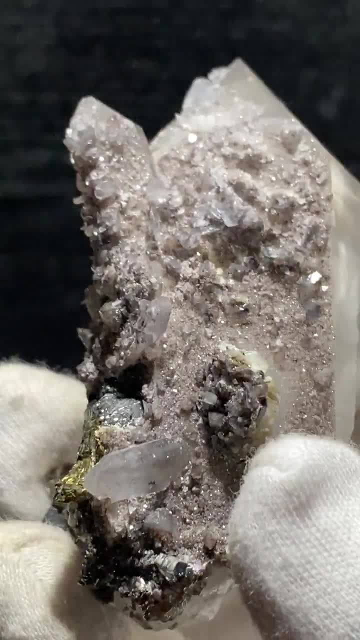 YGX YaoGangXian 紫蛍石結晶、透明水晶、砂糖水晶、ウルフラマイト、黄