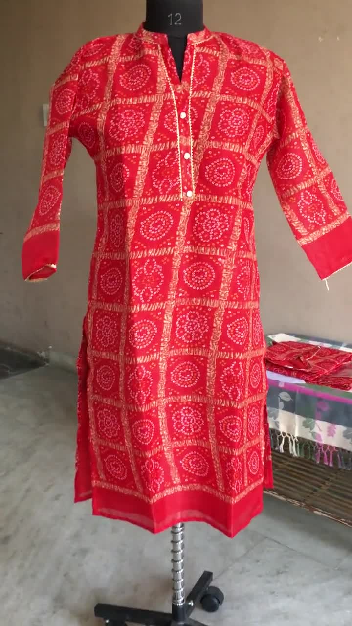 Nazam - Red Bandhani Printed Anarkali Kurta Set With Dupatta - SS02F2023 | Designer  kurti patterns, Designer dresses indian, Blouse neck designs