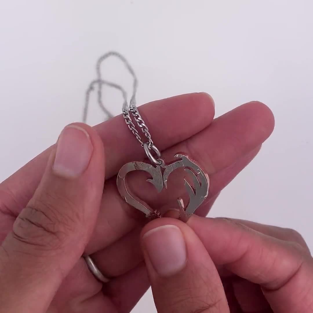 Fish Hook and Antler Heart Necklace, Hand Cut Coin 
