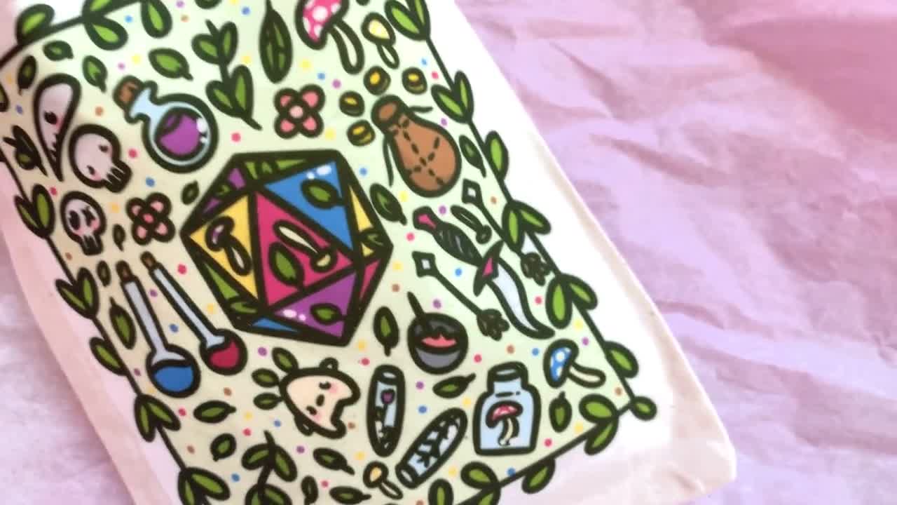 Bolsa de dados de D&D de algodón hecha a mano: bolsa con estampado D20 video poster
