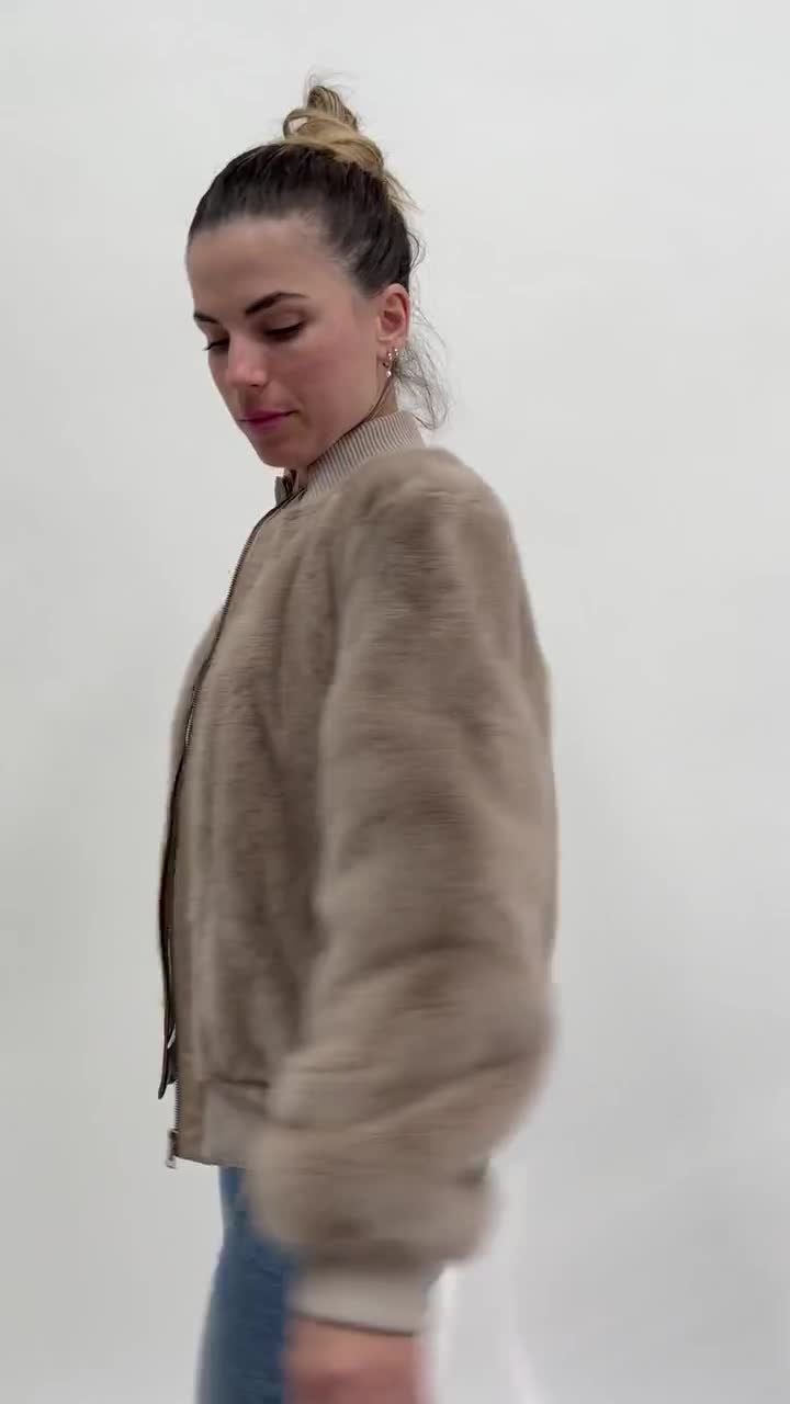 Real Taupe Fur Mink Bomber With Knit and Leather . Stylish and 