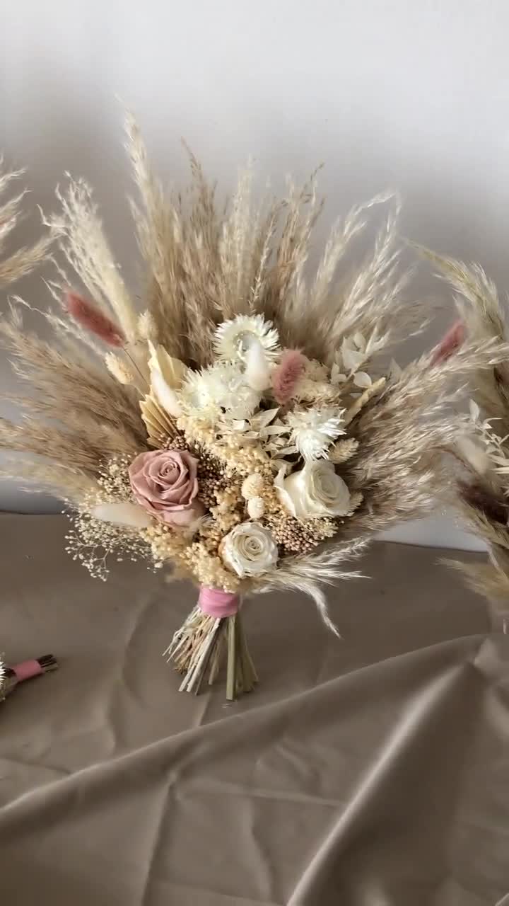 Boho Dried Flower Bouquet Dusty Pink Roses and Pampas grass - Inspire Uplift