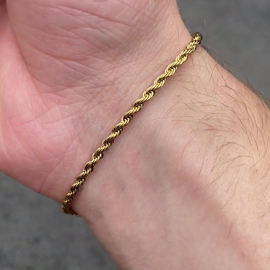 18K Gold Bracelet Men, Mens Bracelet 2.5mm Rope Chain, Thin Gold