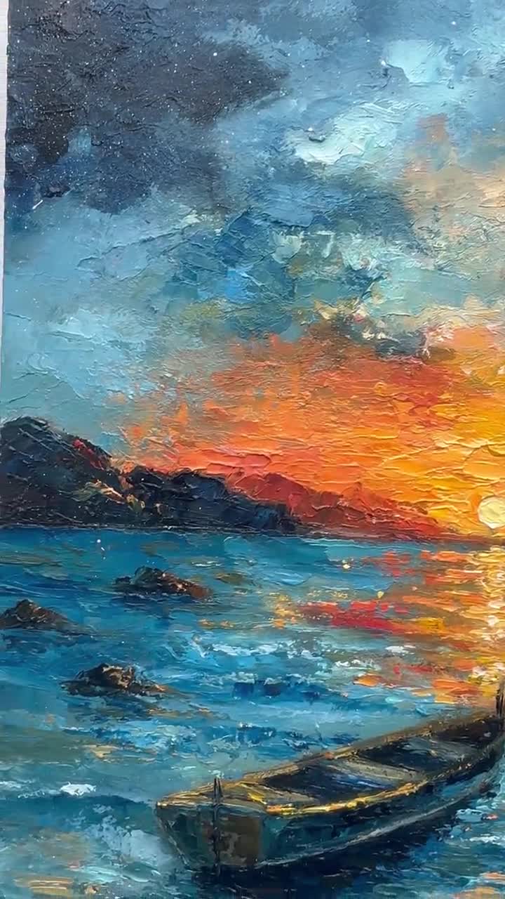 漁船の油絵：インパスト海景画、12x8 - Etsy 日本