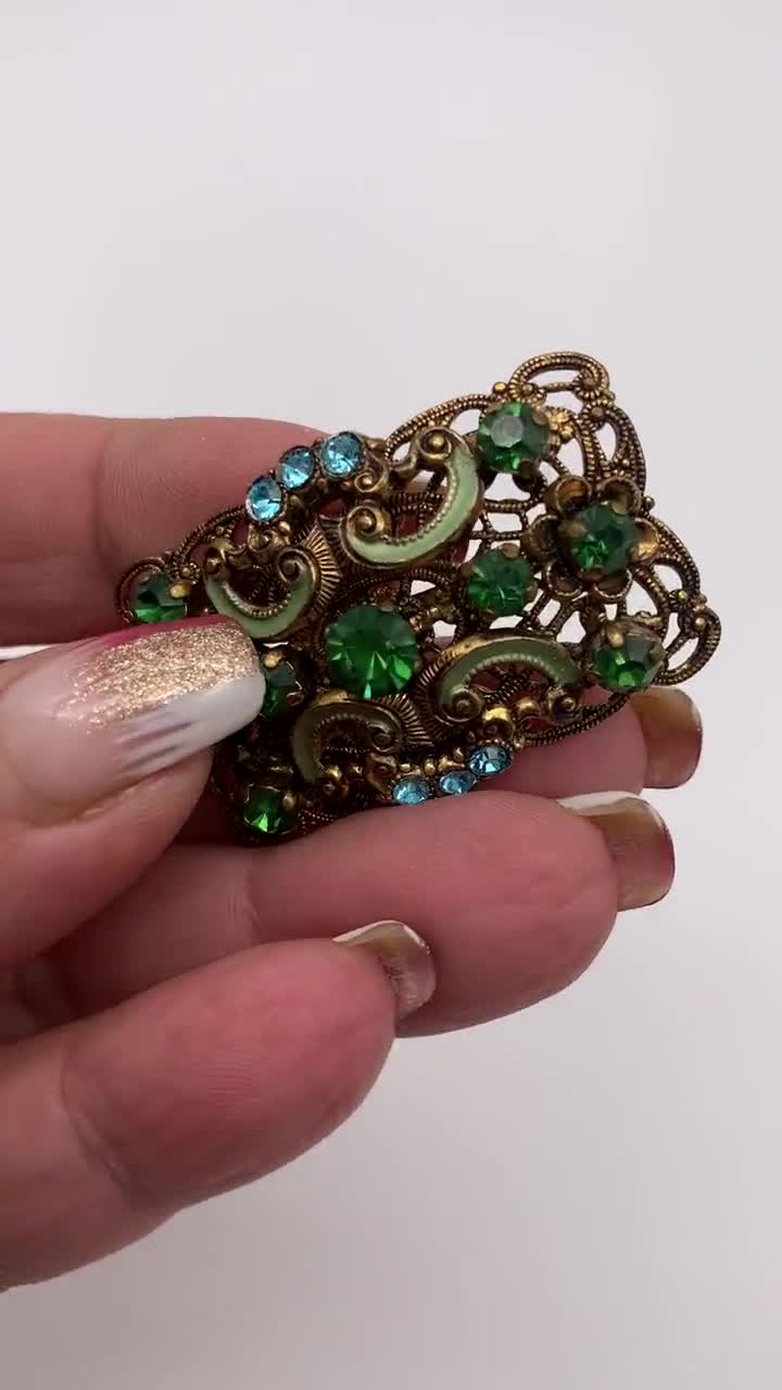 1950 Vintage Art DECO CZECH Green and Blue Rhinestone/enamel
