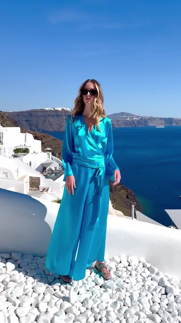 Turquoise Wide Leg Silk Jumpsuit, Wrap Silk Jumpsuit, Silk
