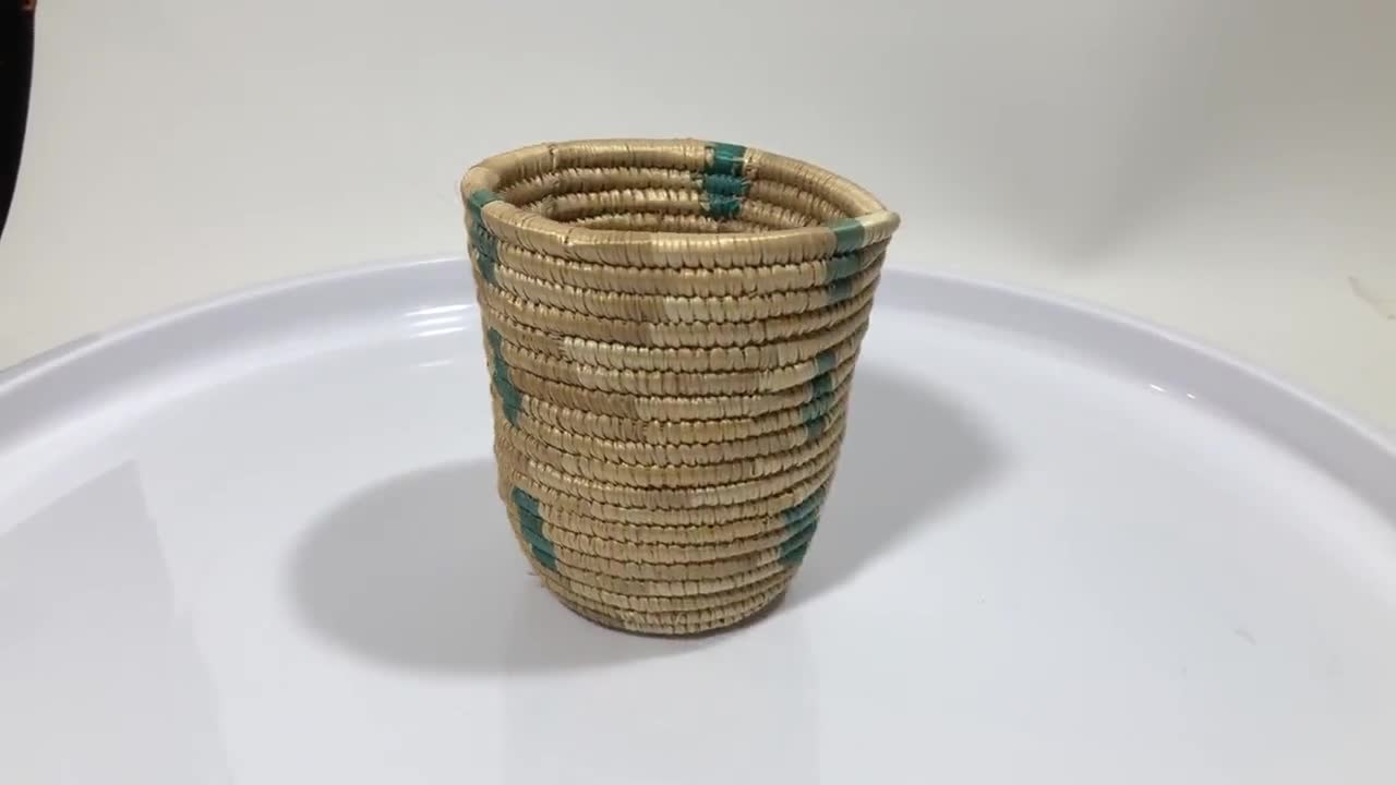 Round Vintage Woven Coil Basket, Natural Materials, Sage Green