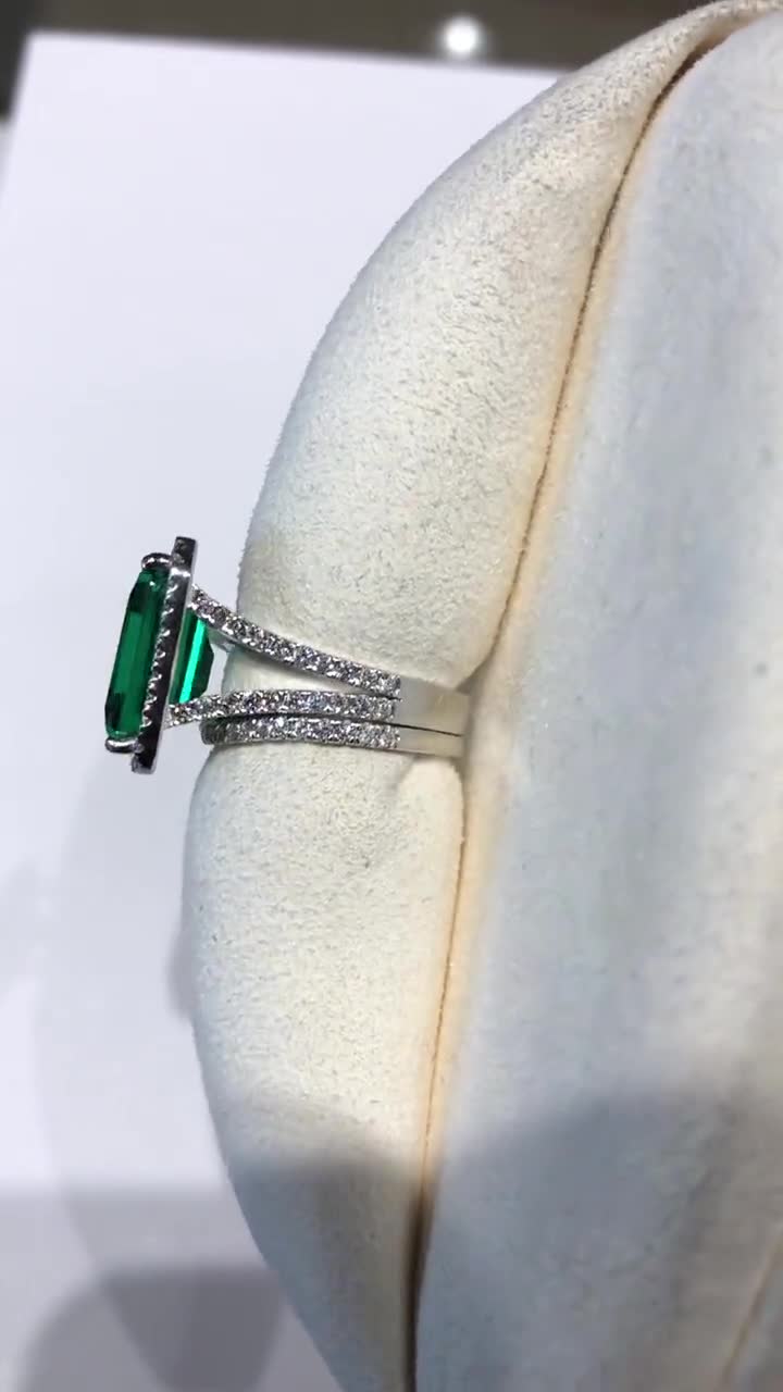 Emerald Engagement Band Set, 9ct Lab Created Emerald Cut Ring, Real  Diamonds ,Pristine Custom Rings, ethically sourced jewelry