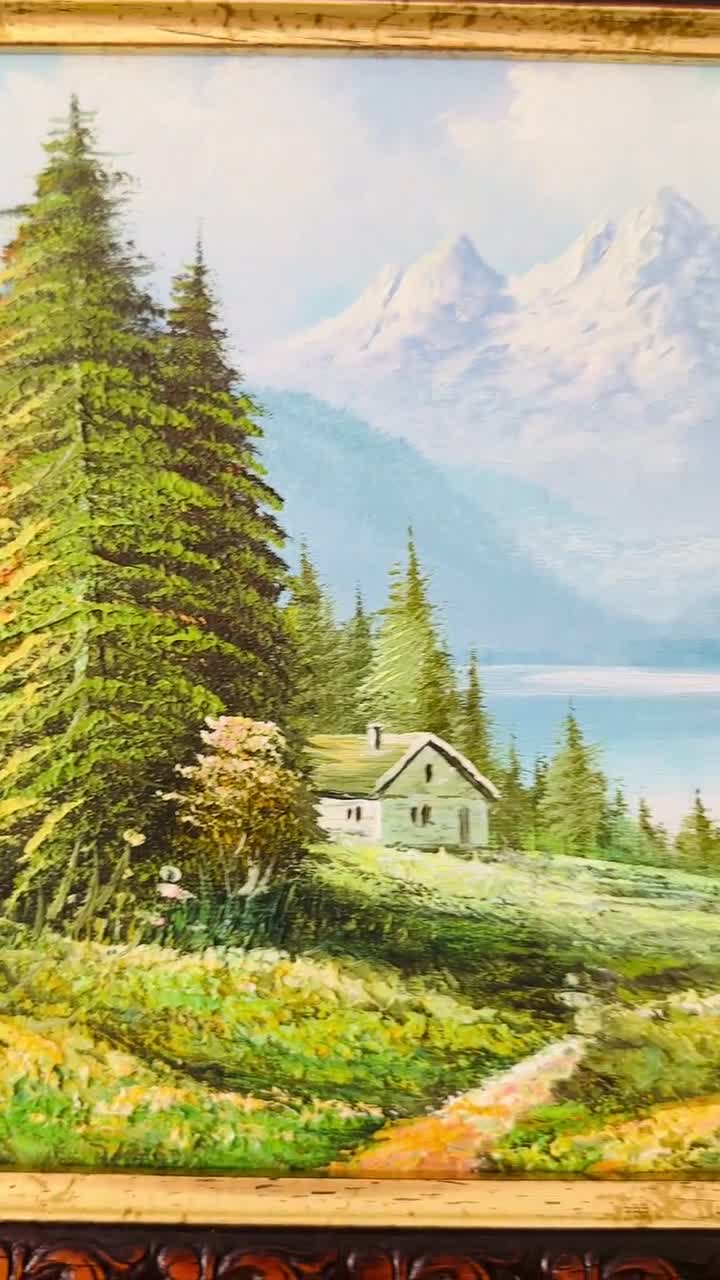 ヴィンテージ油絵、W.チャップマン作キャンバス油絵、山の風景画