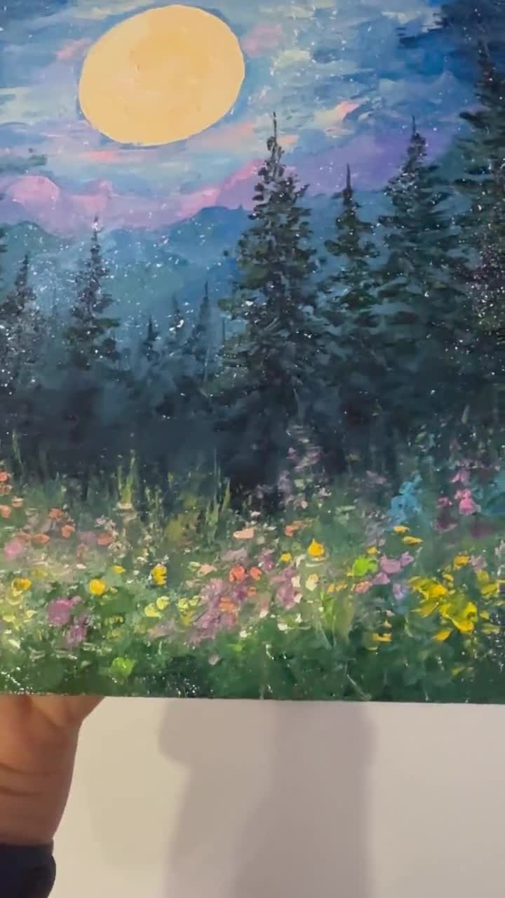 満月の松の木の油絵：夜の森のインパストアート（8x8インチ） - Etsy 日本