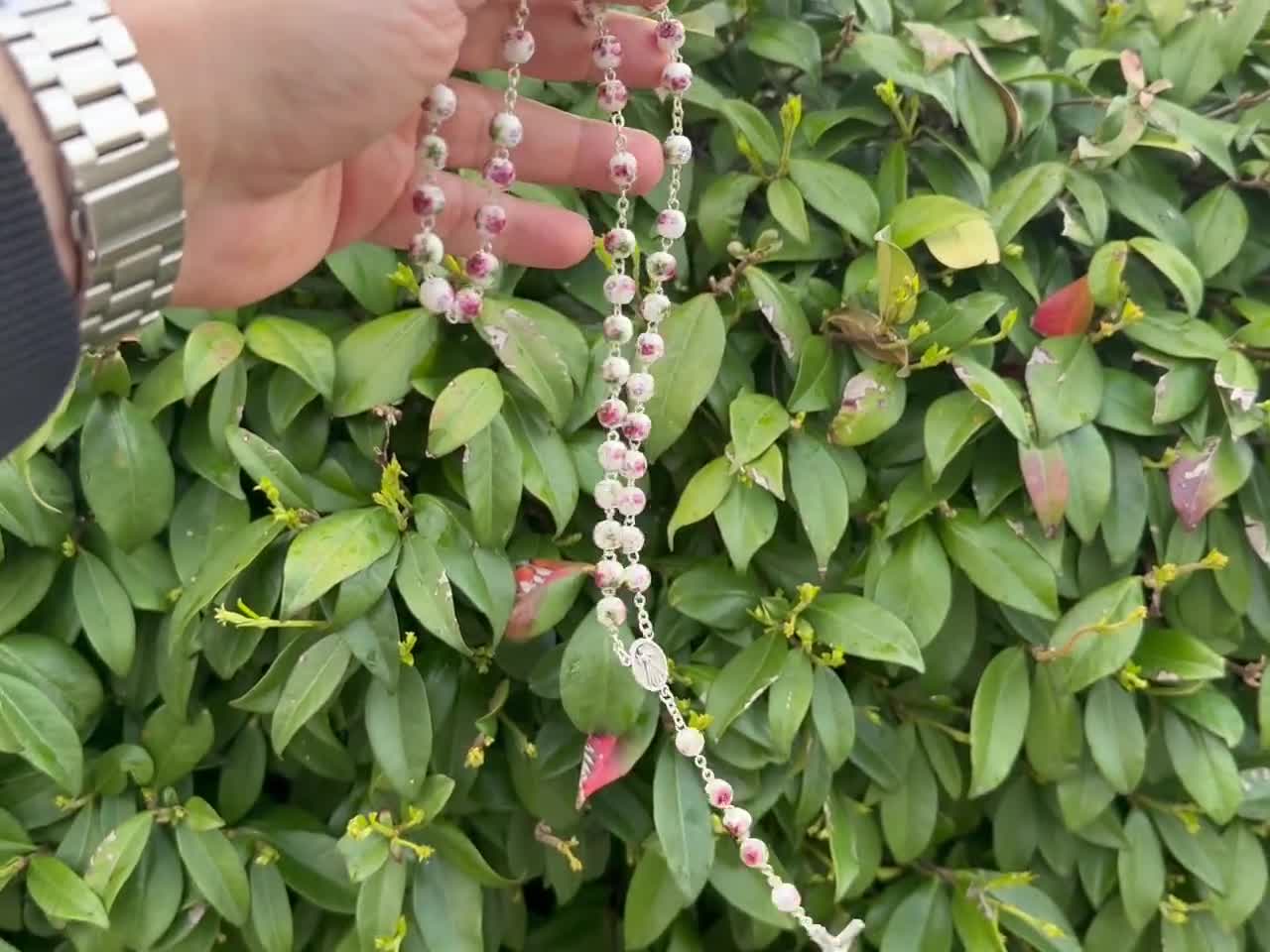 Medjugorje Rosary: Porcelain Rose Beads, Silver Cross, Queen of