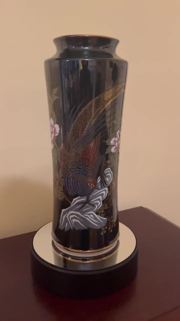 Vintage Imperial Kutani Black Vase With Handpainted Bird & Floral