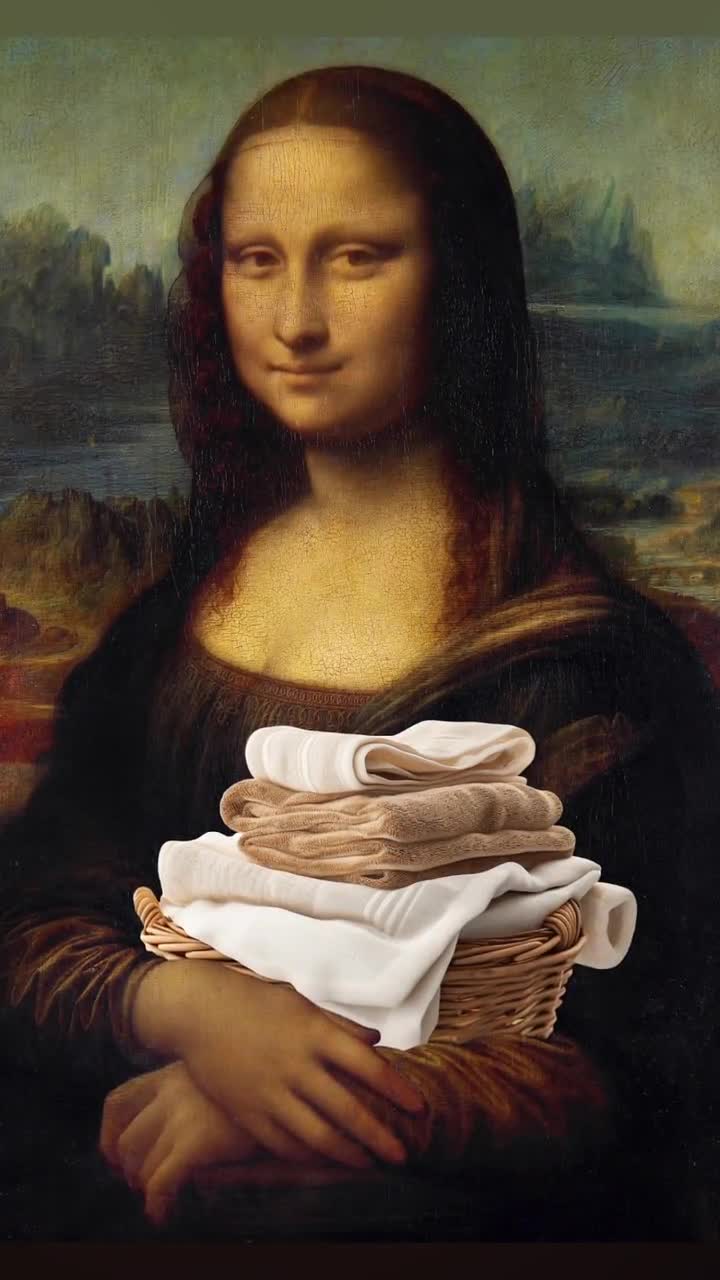 Mona Lisa With Basket With Clean Towels, Altered Art Print