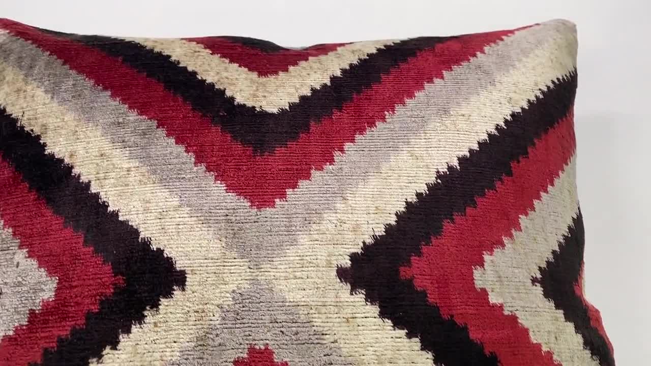 Geometric Ikat Velvet Pillow Cover 2024 with Red, Black & Beige Colours | Frontside is 100% Silk Velvet, Backside is Soft Red Fabric | OEKO-TEX®