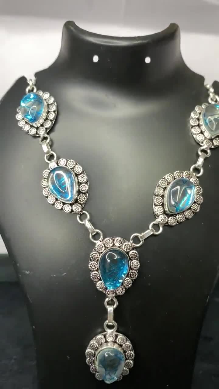 Blue Rutile Quartz Necklace: German Silver Pear Cabochon, Handmade