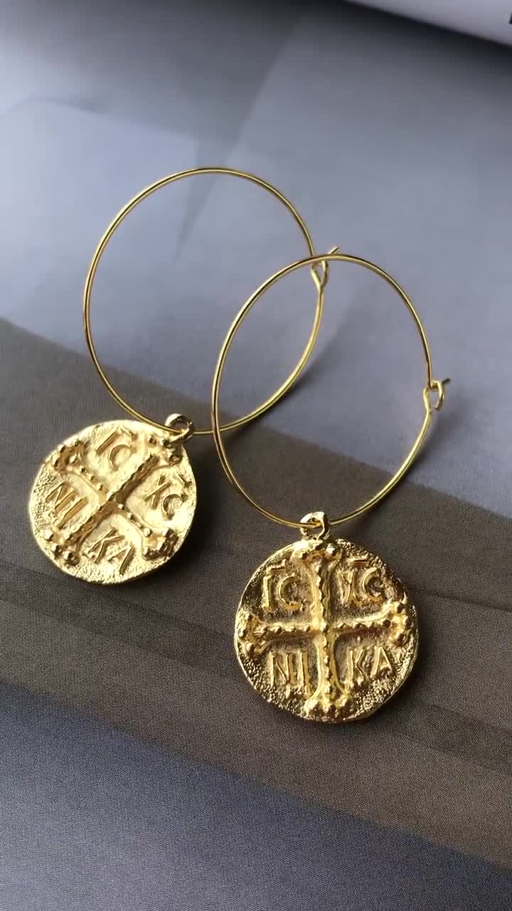 ICXC NIKA Gold Coin Hoop Earrings: Byzantine Christian Jewelry video poster
