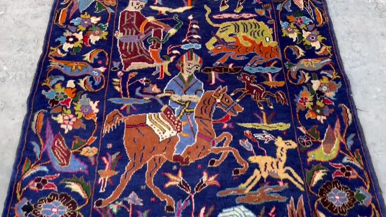 4x7 アフガニスタン バルーチ絵画ラグ - 遊牧民の芸術ラグ 壁掛け