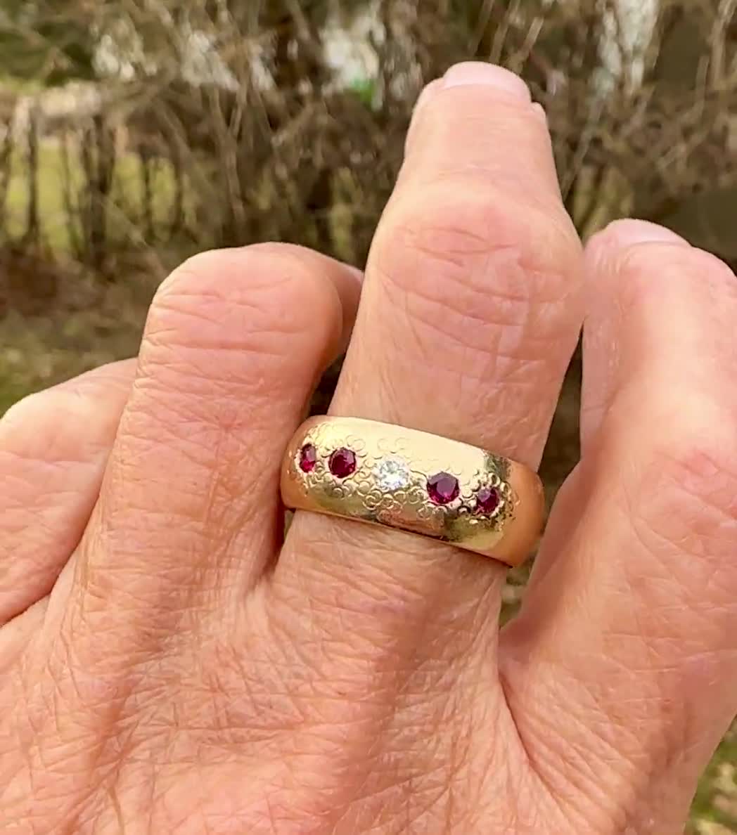 Antique 14K Gold Diamond Ruby Ring Band, Edwardian Five Stone Wide Gold  Wedding Ring, Engraved Flower Stacking Ring, Vintage Jewelry, Size 9 