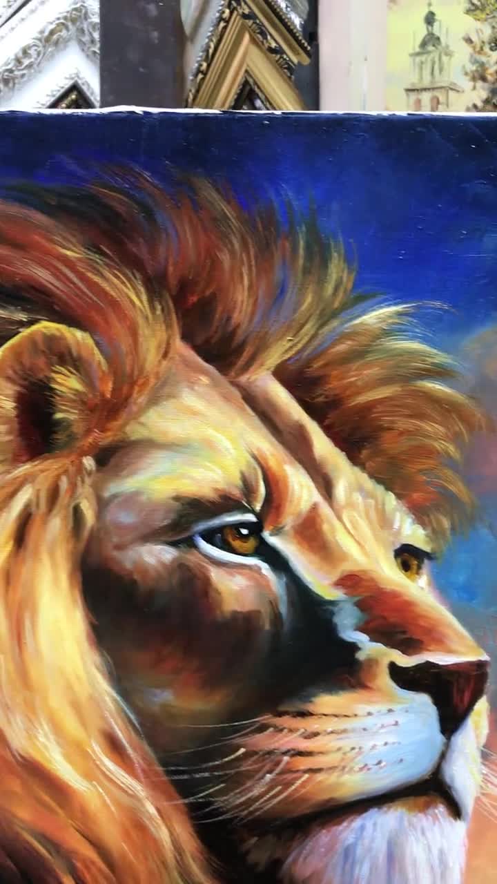 カラフルなライオンヘッド油絵オリジナルライオン壁装飾