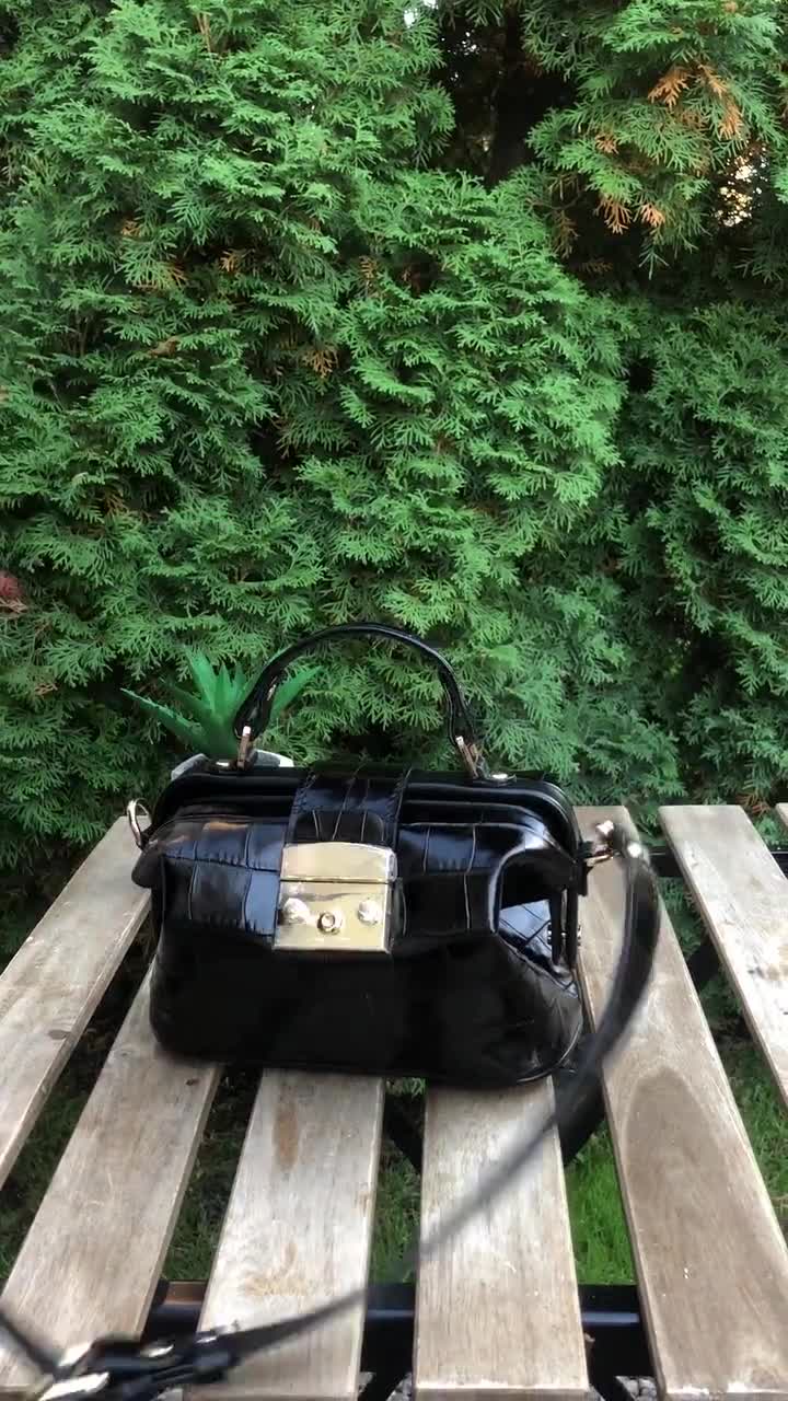 Black Crocodile Bag, Crocodile Pattern Vintage Bag