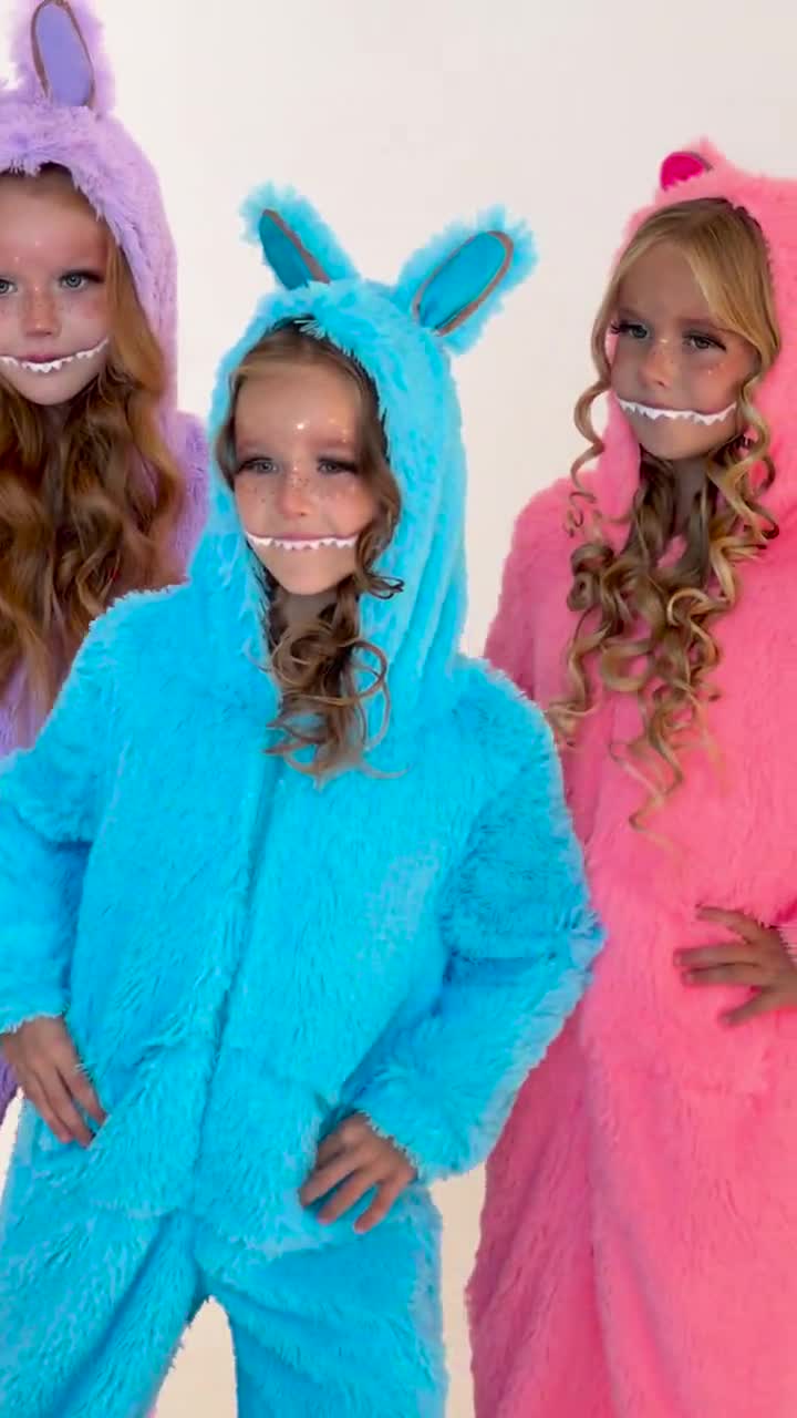 Lilac Pink Blue Monster Costume | Fluffy Kids Jumpsuit 4–16