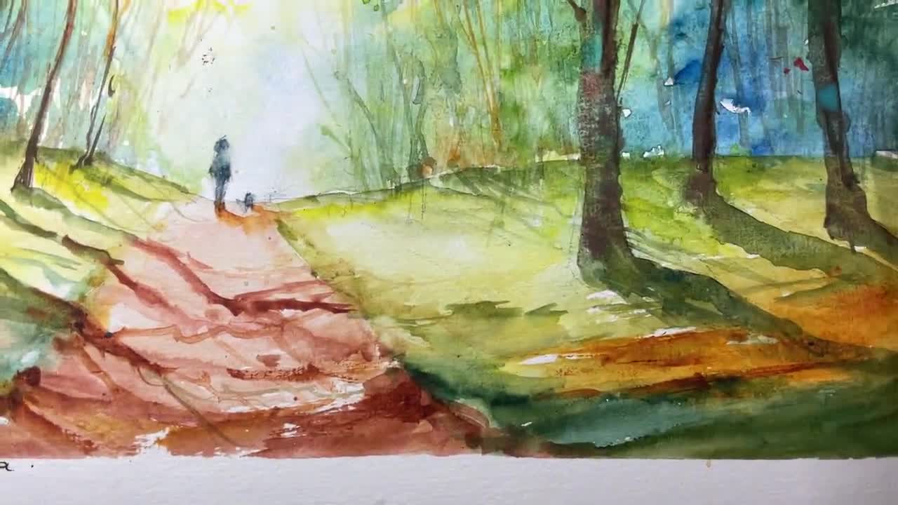オリジナルの水彩画の森の風景 - 春の森の小道 - 犬との瞑想的な散歩