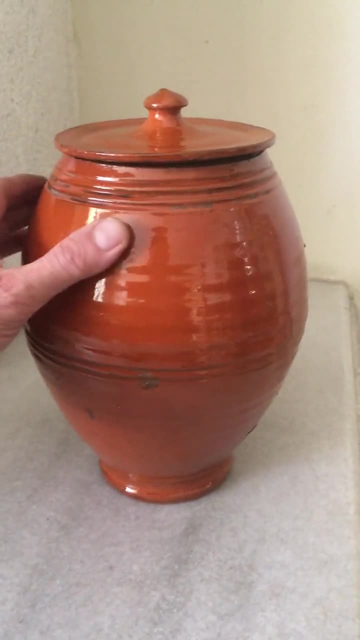 Greek Glazed Ceramic Pot With Lid. Olive Oils and Food Storage Container.  Vintage and Handmade Pottery From Greece. 10 Inches Tall. 