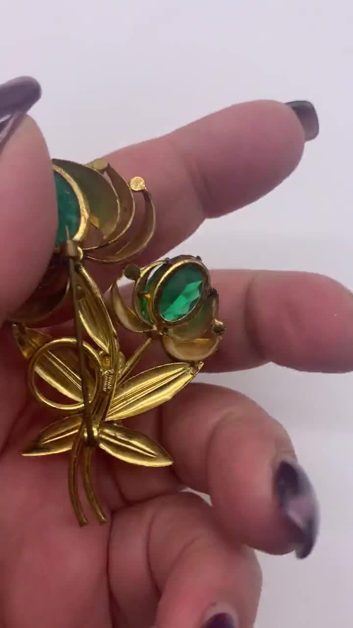 チェコスロバキア製 アンティークゴールド仕上げ グリーンクリスタル