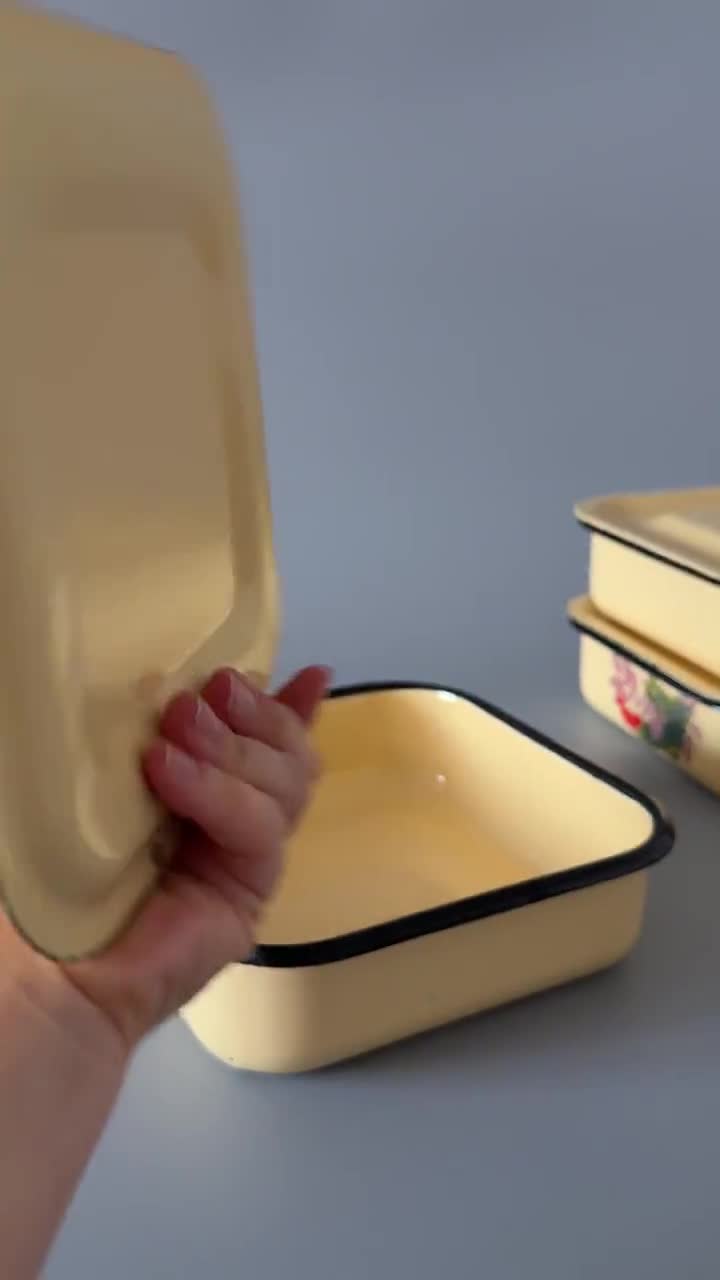 Vintage Yellow Enamel Food Container With Lid, Small Refrigerator