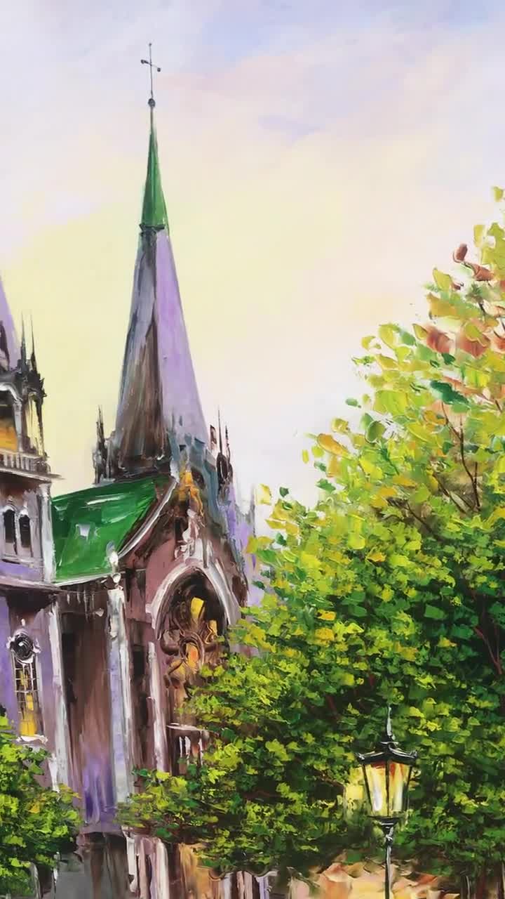 大きな都市風景の油絵、オリジナルのヨーロッパの都市の壁画