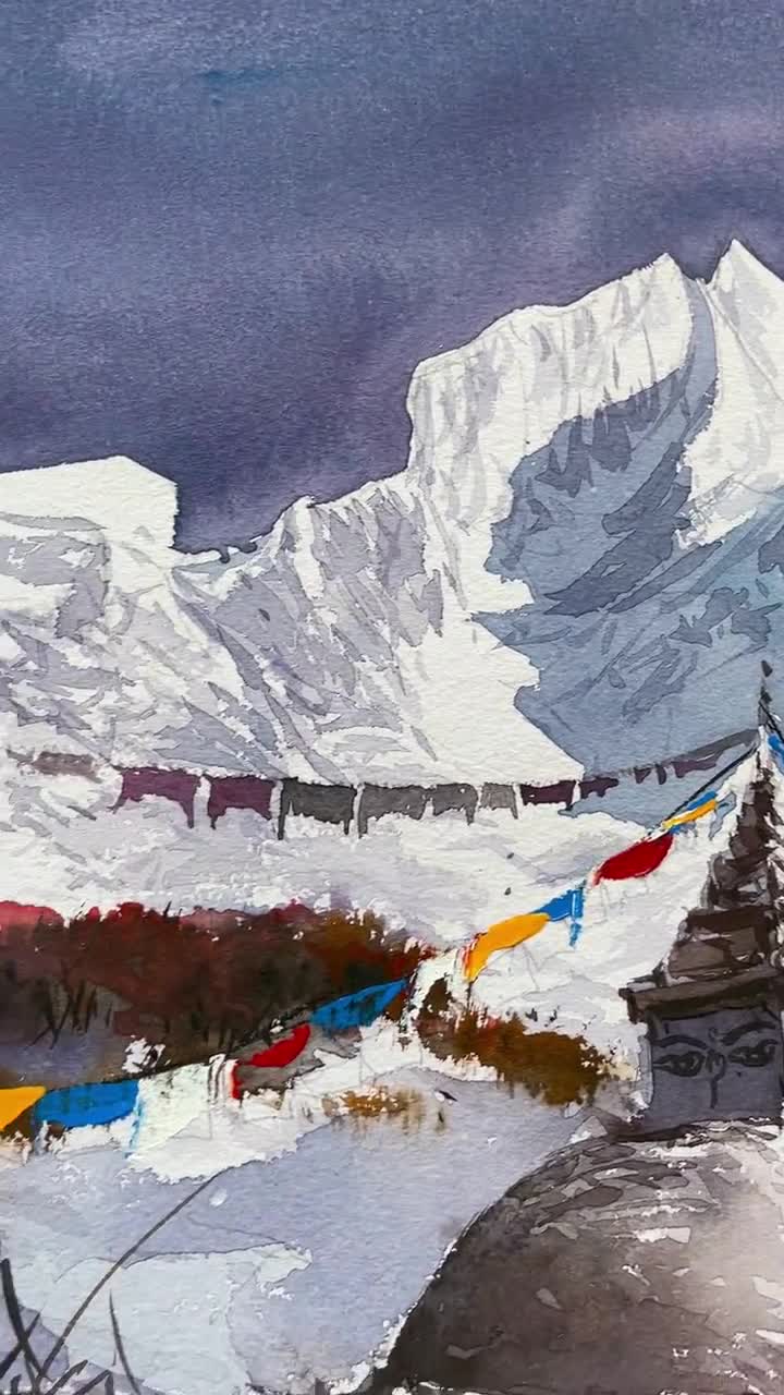 Himalayan Mountain Stupa Wall Art, Original Watercolor Painting
