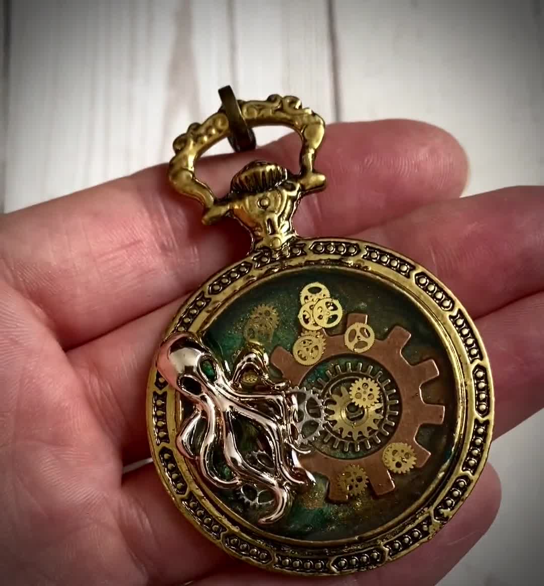 Steampunk octopus faux pocket watch Kraken timepiece Jewellery for men Cogs and gears Steampunk fashion Gentlemens gift Costume watch