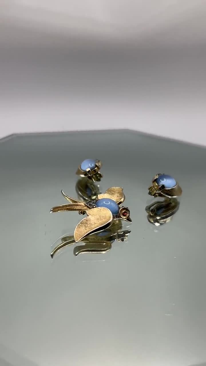 Crown Trifari 1960s Swallow Brooch and Earring Set With Blue Faux