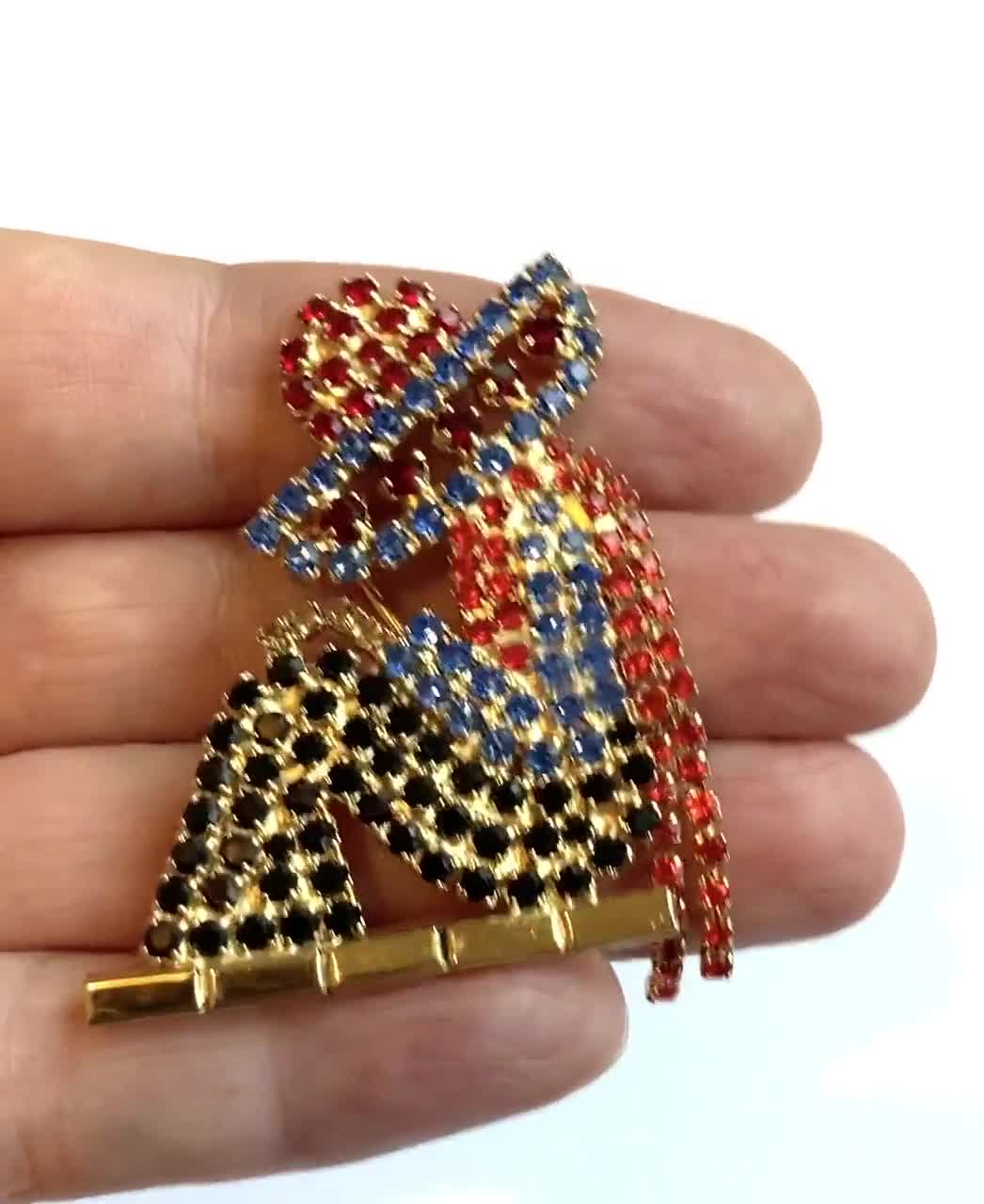 Vintage Butler & Wilson? sleeping Mexican man with sombrero rhinestone flexible brooch 2 1/5 inch; rare, statment video poster